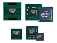 Velikostní srovnání: nahoře Core 2 Duo a čipset GS45, dole CULV procesor a čipset GS40