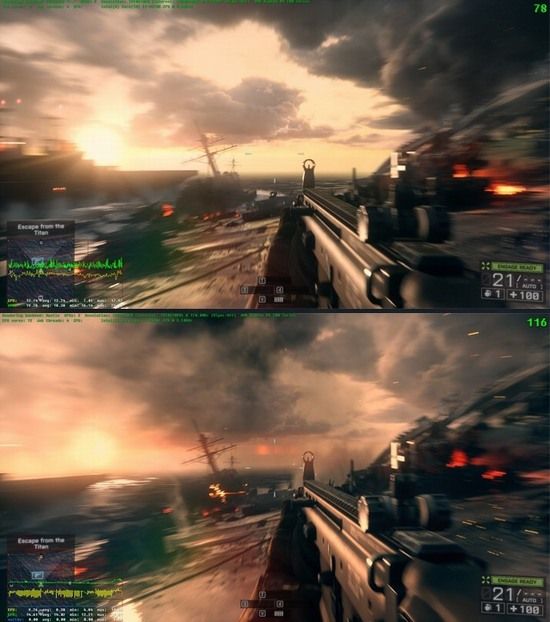 Battlefield 4 bez Mantle (nahoře) a s Mantle - v horním rohu vidíte aktuální FPS
