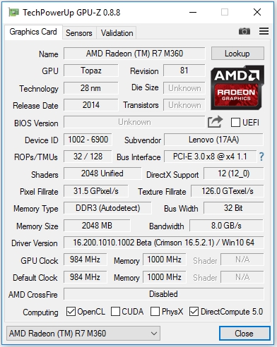 Výpis z programu GPU-Z z notebooku Lenovo Yoga 510 údajně osazeném Radeonem R7 M460, jak jej zveřejnil server notebookcheck.net